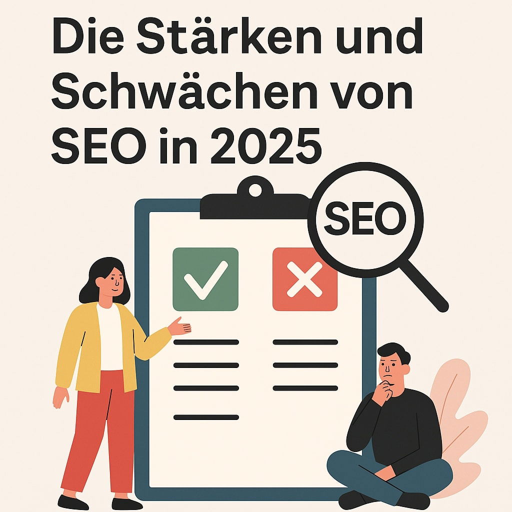 Illustration von zwei Personen neben einer Checkliste mit Häkchen und Kreuz, Lupe mit SEO.