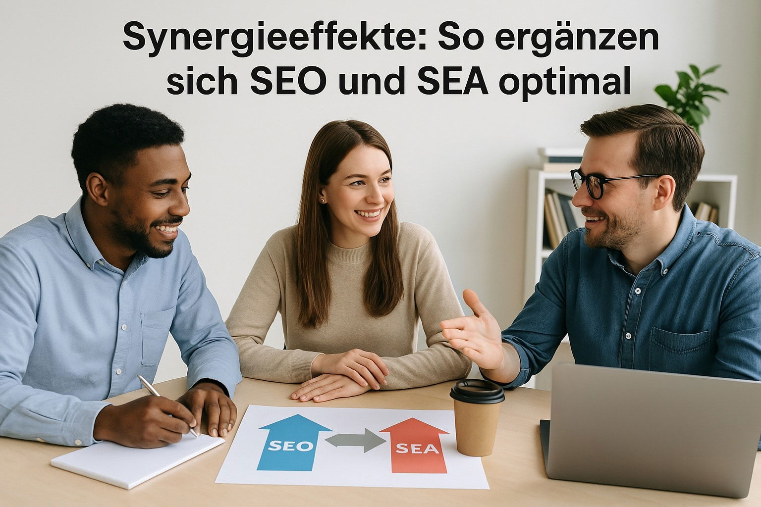 Drei Personen diskutieren lächelnd an einem Tisch mit einem SEO-SEA-Diagramm und Laptop, symbolisierend die Synergie zwischen SEO und SEA für effektive Marketingstrategien.