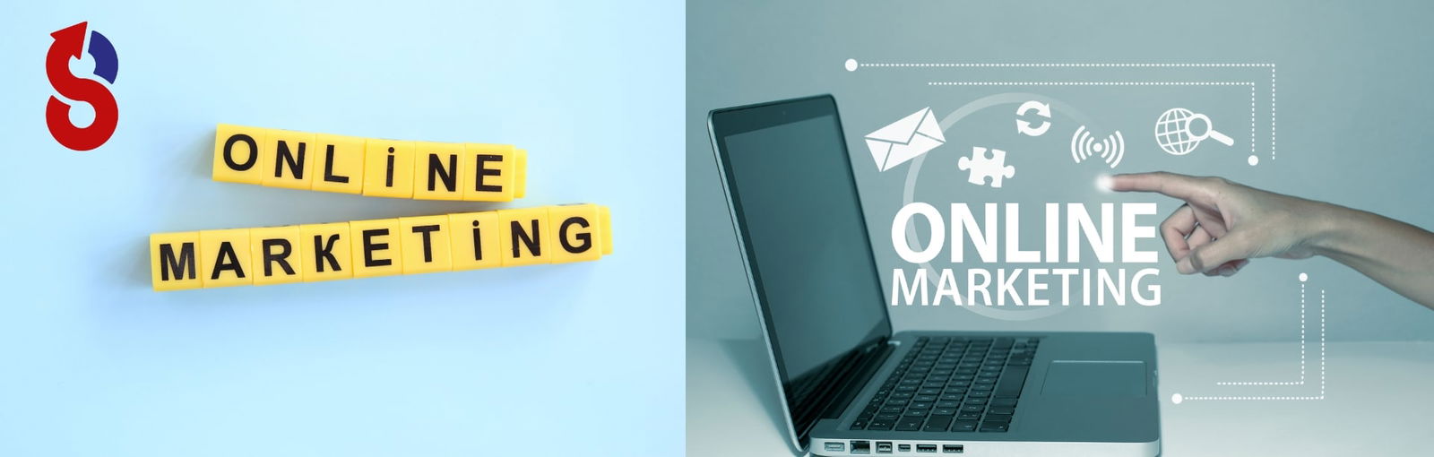 Ein Bild präsentiert eine Online-Marketing-Agentur in visueller Form. Links ordnen sich lose Scrabble-Buchstaben zum Begriff "ONLINE MARKETING" an; sie stehen direkt neben einem Markenzeichen. Die rechte Bildfläche zeigt einen aufgeklappten Computer der zahlreiche Marketing-Icons enthält - eine Hand weist mit ausgestrecktem Finger darauf hin und berührt die Symbole welche Online-Strategien sowie Werkzeuge repräsentieren.