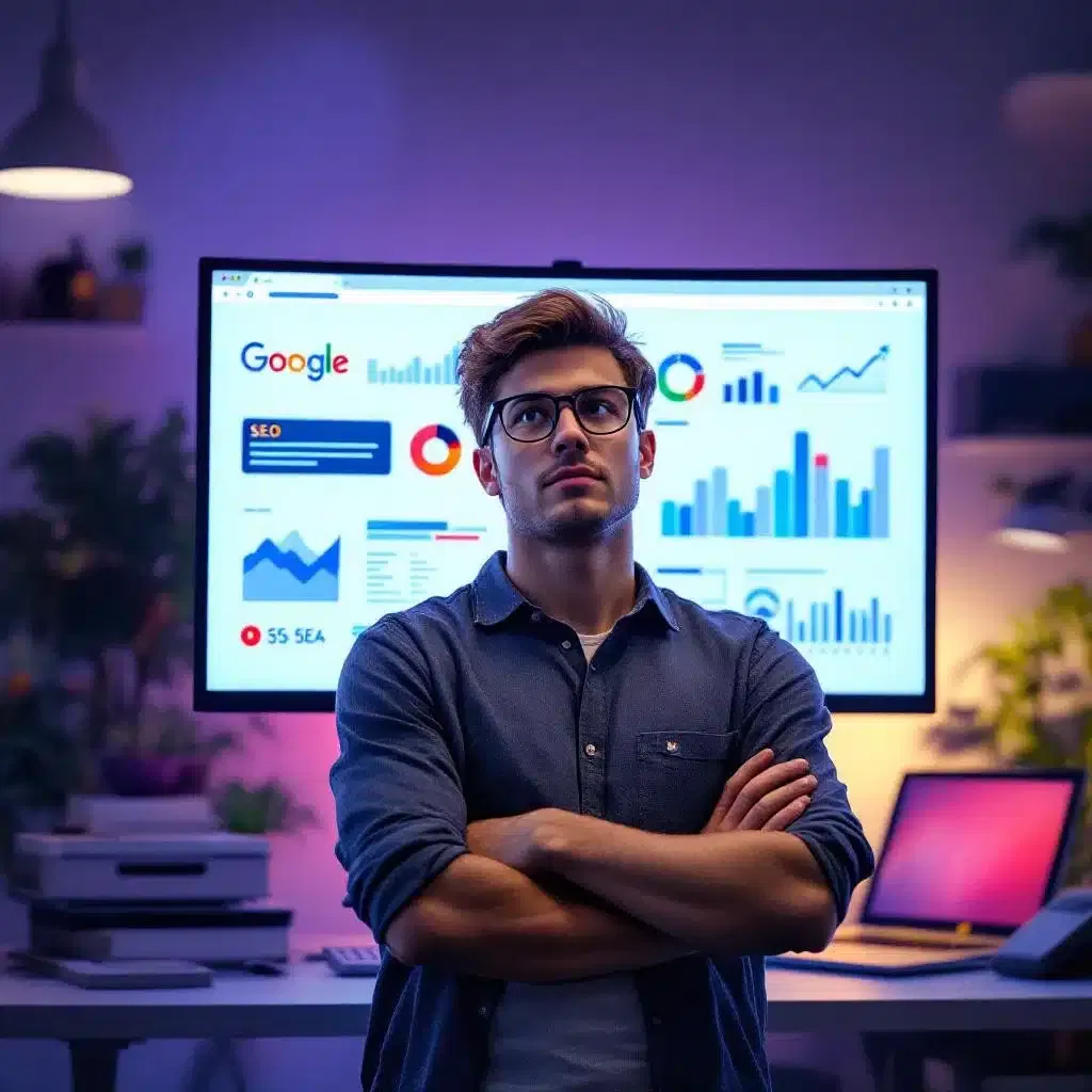 Ein Mann mit Brille steht mit verschränkten Armen in einem Büro vor einem großen Bildschirm, auf dem Graphen, Diagramme und Google-Suchanalysen im Zusammenhang mit Algorithmus-Updates angezeigt werden. Der moderne Raum ist mit Pflanzen, Regalen und einem leuchtenden Laptop ausgestattet.