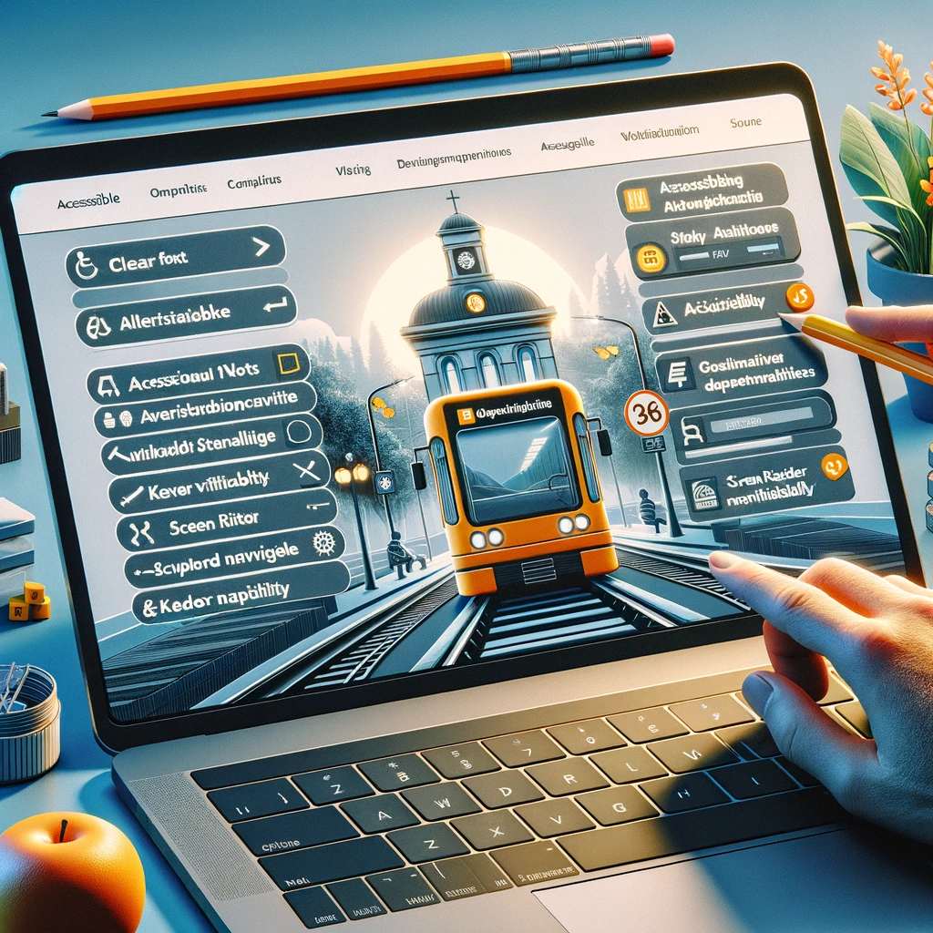 Ein realistisches Bild eines Laptop-Bildschirms, das eine barrierefreie Website für ein österreichisches öffentliches Verkehrsmittelunternehmen zeigt. Die Website-Oberfläche hebt wichtige Aspekte der Barrierefreiheit hervor, wie klare Schriftarten, hoher Farbkontrast und Tastaturnavigation. Im Hintergrund ist ein stilisierter Zug in einem lebendigen und zugänglichen Interface zu sehen, der die Kernwerte der Inklusion und Zugänglichkeit betont. Die Benutzung eines Screen Readers wird durch ein entsprechendes Symbol suggeriert, und die Inhalte sind strukturiert und benutzerfreundlich präsentiert, um die Nutzung für Menschen mit unterschiedlichen Fähigkeiten und Behinderungen zu erleichtern.