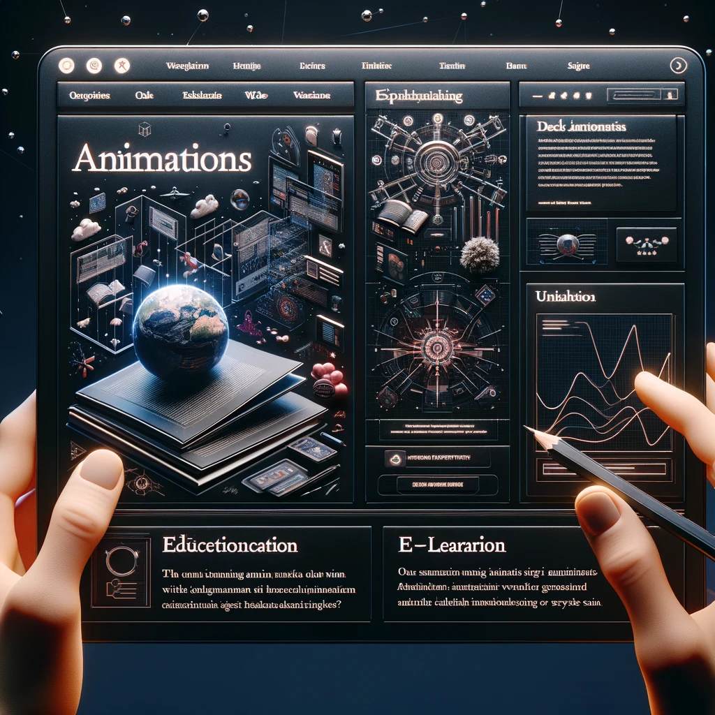 Ein Bild, das moderne Webdesign-Interfaces zeigt, welche mit lebendigen Animationen ausgestattet sind. Im Zentrum steht eine animierte 3D-Globus-Graphik auf einem Buch, umgeben von interaktiven Lernmodulen und Diagrammen, die abstrakte Konzepte visualisieren. Ein E-Learning-Plattform-Interface im Dark Mode mit dunklem Hintergrund und kontrastreichen Textelementen bietet eine stimmungsvolle Benutzererfahrung, die die Augenbelastung reduziert. Diese Darstellung zeigt, wie österreichische Unternehmen Animationen und Dark Mode im Webdesign einsetzen, um ein modernes Online-Erlebnis zu schaffen und die Markenbindung zu stärken.