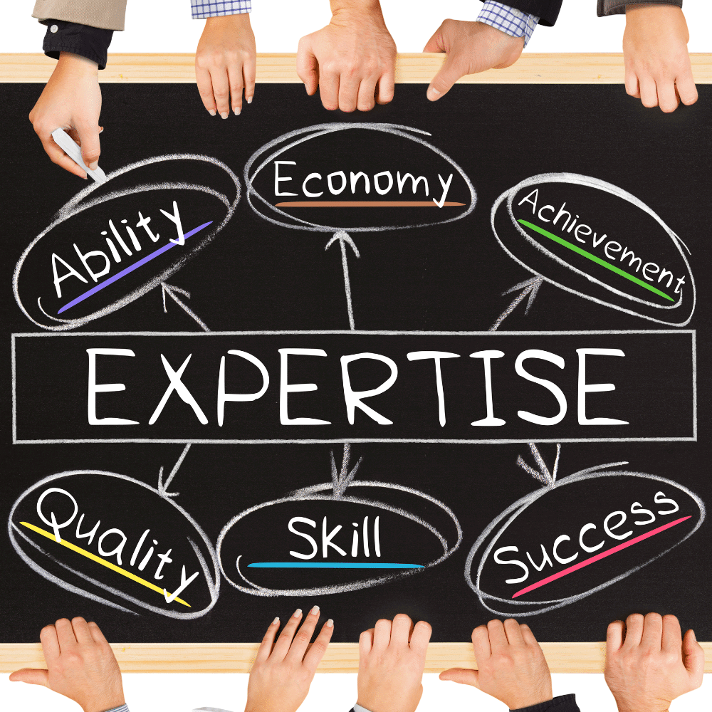 Eine Tafel zeigt das Wort 'EXPERTISE' in der Mitte, umgeben von verwandten Begriffen wie 'Fähigkeit', 'Wirtschaft', 'Leistung', 'Qualität', 'Fertigkeit' und 'Erfolg', welche durch Hände mit Kreide hervorgehoben werden, symbolisch für das E-A-T Konzept.