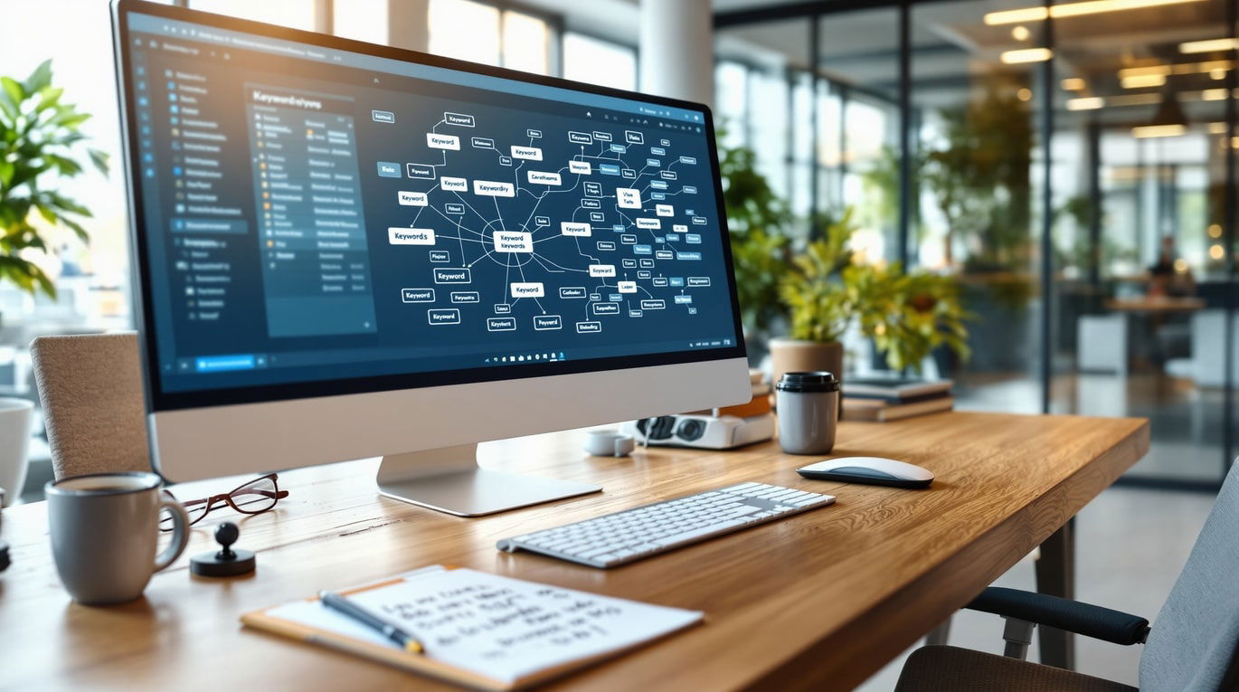Modernes Büro mit Desktop-Bildschirm und Keyword-Mindmap. Auf dem Schreibtisch liegen Tastatur, Maus, Brille, Kaffeetasse und Notizblock mit Notizen. Im Hintergrund helles Büro mit Pflanzen und Glaswänden.