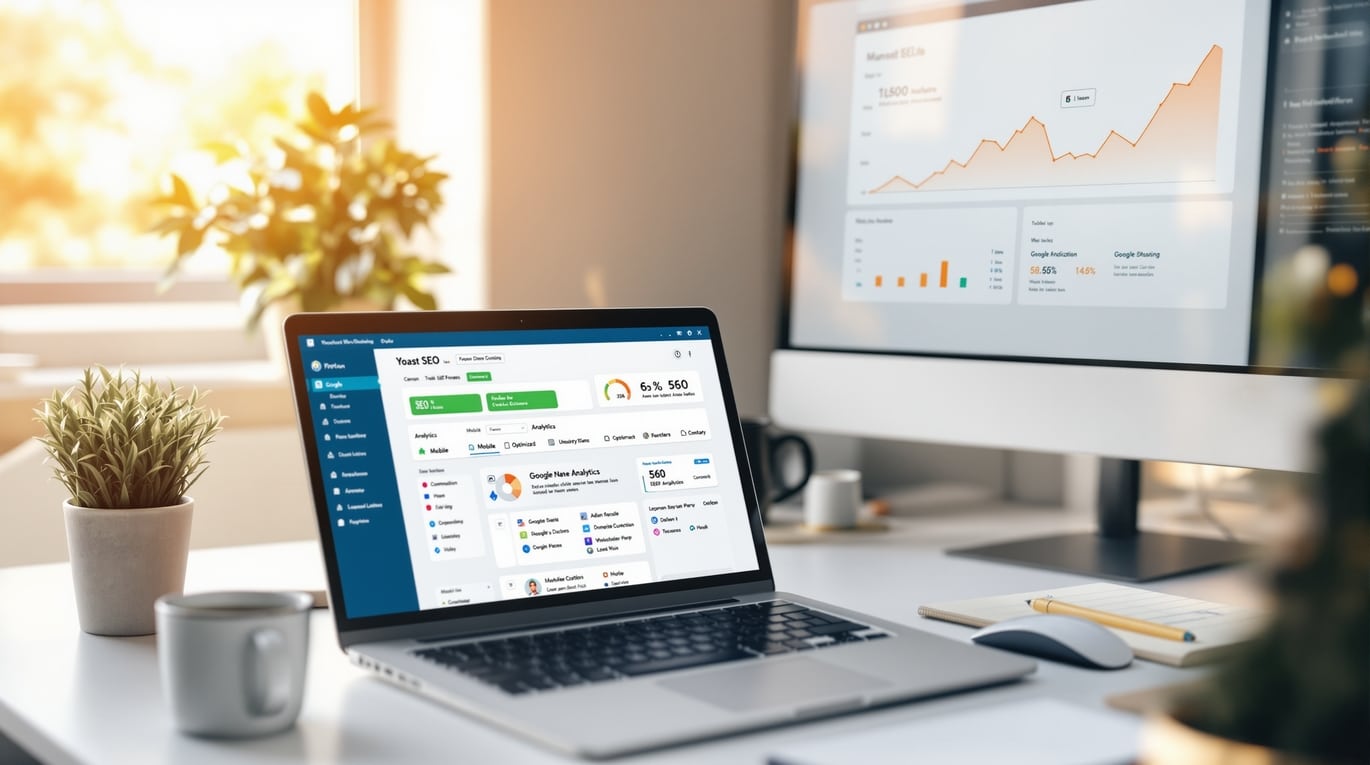 Ein Laptop mit geöffnetem WordPress-Dashboard und aktivem Yoast SEO-Plugin steht auf einem hellen Schreibtisch. Im Hintergrund ein großer Monitor mit einem Analysetool, das einen Anstieg in der Performance zeigt. Eine Topfpflanze, ein Notizblock und eine Tasse schaffen eine produktive Arbeitsatmosphäre bei Tageslicht.