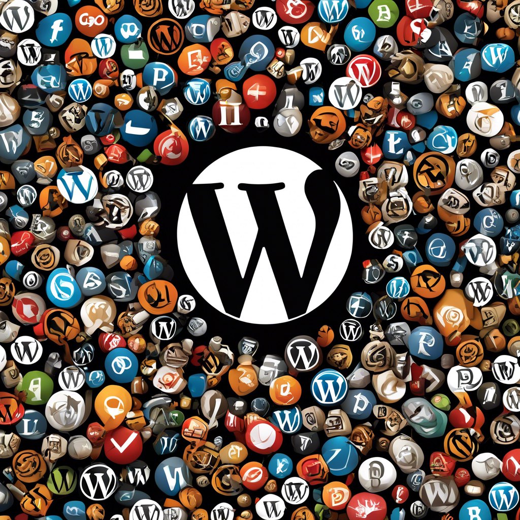Das WordPress-Logo in der Mitte, umgeben von zahlreichen bunten Symbolen und Icons, die verschiedene Anwendungen, Plugins und Funktionen darstellen. Eine farbenfrohe und dynamische Darstellung, die die Vielseitigkeit von WordPress hervorhebt.