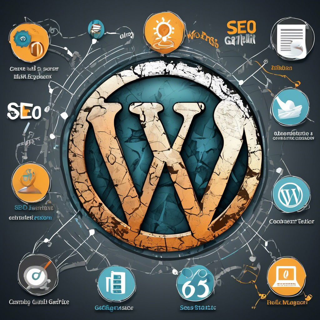 Das WordPress-Logo im Mittelpunkt, umgeben von symbolischen Icons und grafischen Elementen, die verschiedene SEO-Tools und Funktionen darstellen. Der Hintergrund zeigt ein vernetztes System mit Begriffen wie SEO, Content-Erstellung und Analyse. Eine visuell ansprechende Darstellung der WordPress- und SEO-Integration.