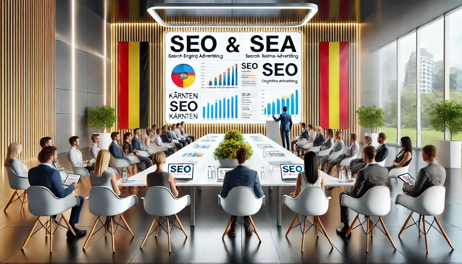 Hochmodernes Business-Meeting in einem eleganten Konferenzraum mit großen Fenstern. Ein Präsentator erklärt eine SEO- und SEA-Strategie anhand von Diagrammen auf einem großen Bildschirm. Die Teilnehmer, professionell gekleidet, sitzen an einem langen Tisch mit Laptops und Notizmaterial. Deutsche und spanische Flaggen schmücken den Raum.