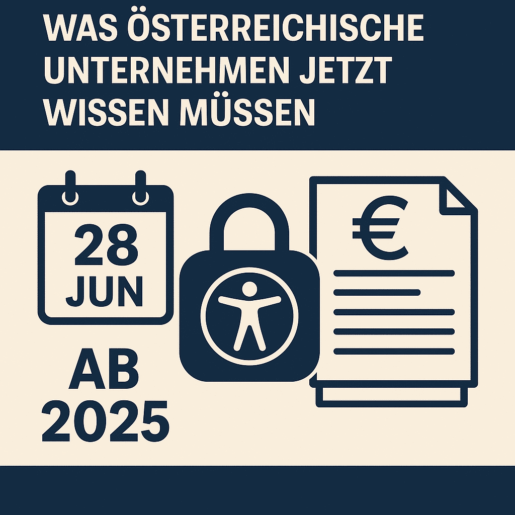 Grafik mit Text „Was österreichische Unternehmen jetzt wissen müssen“. Darunter Symbole: ein Kalender mit dem Datum 28. Juni, ein Vorhängeschloss mit Barrierefreiheits-Symbol und ein Dokument mit Euro-Zeichen. Hinweis auf das Inkrafttreten gesetzlicher Vorgaben zur digitalen Barrierefreiheit ab 2025.