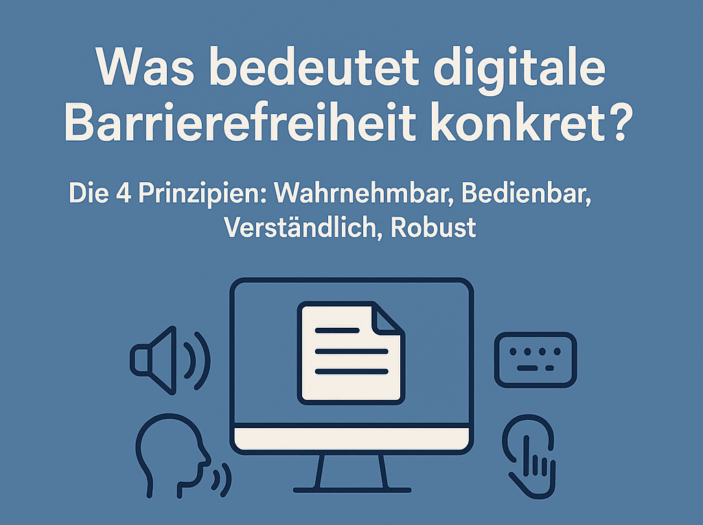 Infografik mit der Frage „Was bedeutet digitale Barrierefreiheit konkret?“ und der Antwort: „Die 4 Prinzipien: Wahrnehmbar, Bedienbar, Verständlich, Robust“. Darunter Symbole für Audio, Sprache, Computer, Tastatur und Hand, die Barrierefreiheit darstellen. Blauer Hintergrund mit weißen und schwarzen Icons.