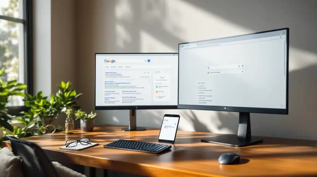 Arbeitsplatz mit zwei Monitoren und Smartphone, auf denen Google-Suchergebnisse angezeigt werden – Symbolbild für moderne SEO-Analyse und Suchverhalten