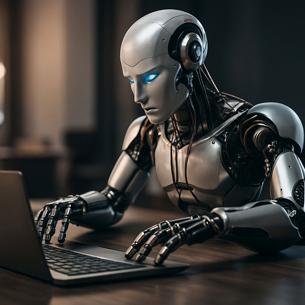 Realistische Darstellung eines humanoiden Roboters, der konzentriert an einem Laptop arbeitet – Symbolbild für die Rolle künstlicher Intelligenz in der modernen SEO und digitalen Suche.