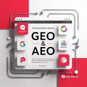 Grafik mit Symbolen von ChatGPT, Google, Perplexity und anderen Suchsystemen auf einem Computerbildschirm.