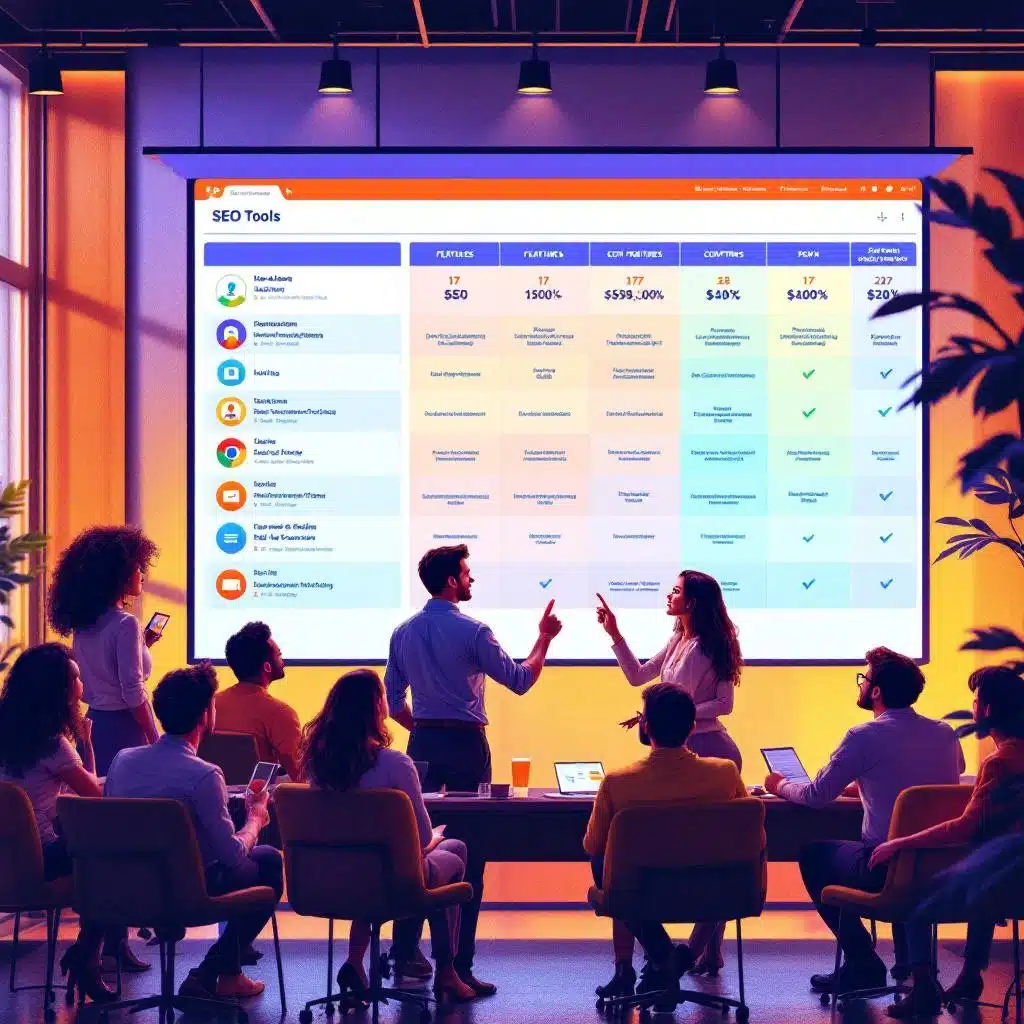 Eine Gruppe von Personen in einem modernen Büro hört zwei Referenten zu, die vor einem großen Bildschirm, auf dem eine bunte Vergleichstabelle für SEO-Tools zu sehen ist, über Strategien zur Suchmaschinenoptimierung diskutieren. Der warm beleuchtete Raum strahlt eine kollaborative Atmosphäre aus.