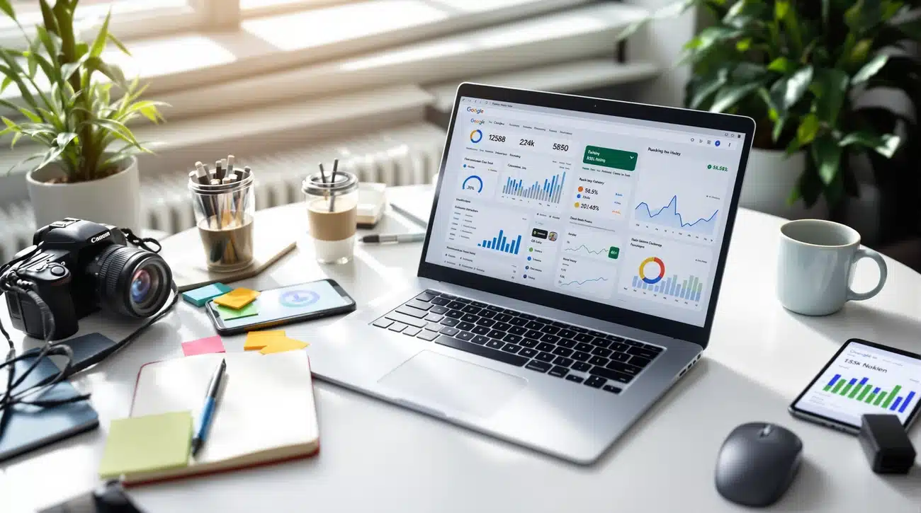 Ein Laptop mit Datenanalyse-Dashboards steht auf einem hellen Schreibtisch, in dessen Nähe sich eine Kamera, ein Smartphone, Notebooks und ein Kaffee befinden - perfekt für die Optimierung von Motoren oder die Überprüfung von ki-generierten Antworten, während das Sonnenlicht durch das Fenster fällt.