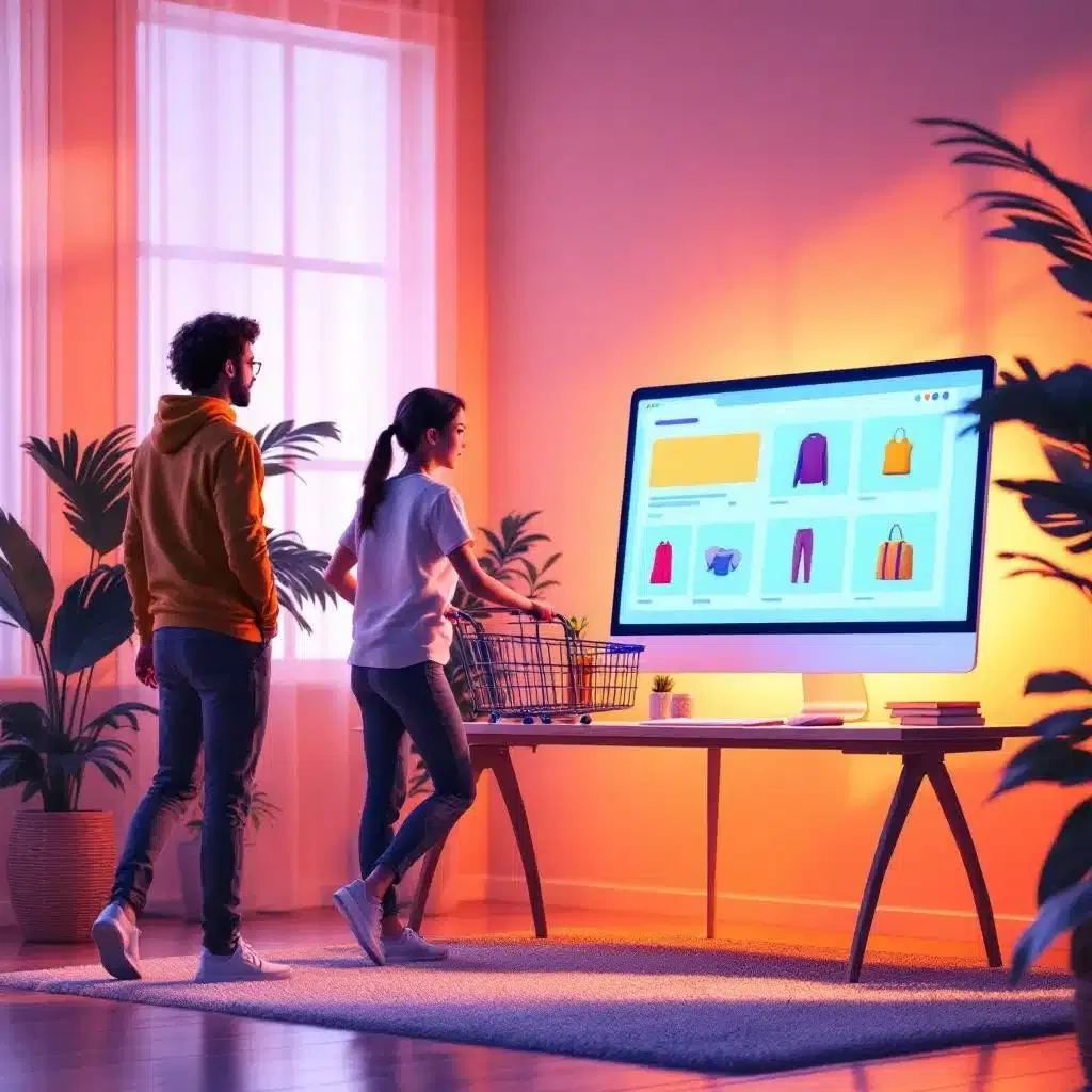 Zwei Personen stehen vor einem großen Computer, der eine Online-Shopping-Website anzeigt, und erkunden die Funktionen der Onlineshop-Optimierung. Eine Person hält einen Einkaufskorb. Der warm beleuchtete Raum ist mit Pflanzen dekoriert, die eine einladende Atmosphäre schaffen.