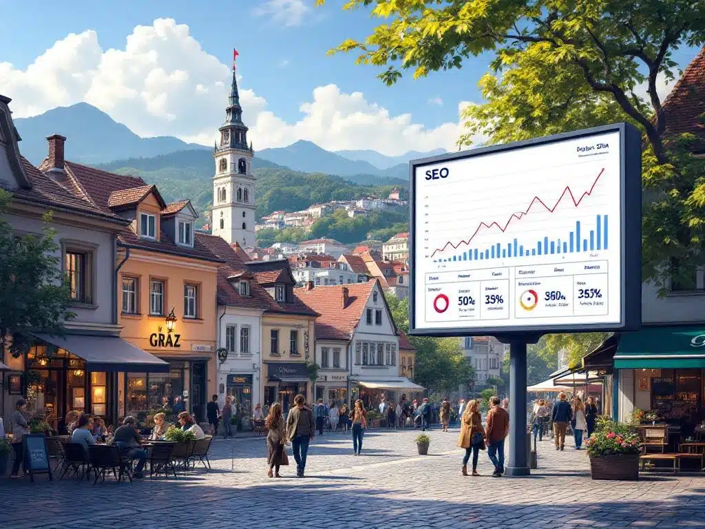 Ein belebter europäischer Stadtplatz mit Menschen, die im Freien essen. Im Vordergrund zeigt eine große digitale Werbetafel die SEO Graz-Analysen - steigende Trends, Balkendiagramme und kreisförmige Statistiken. Berge und eine Kirche bilden die malerische Kulisse.