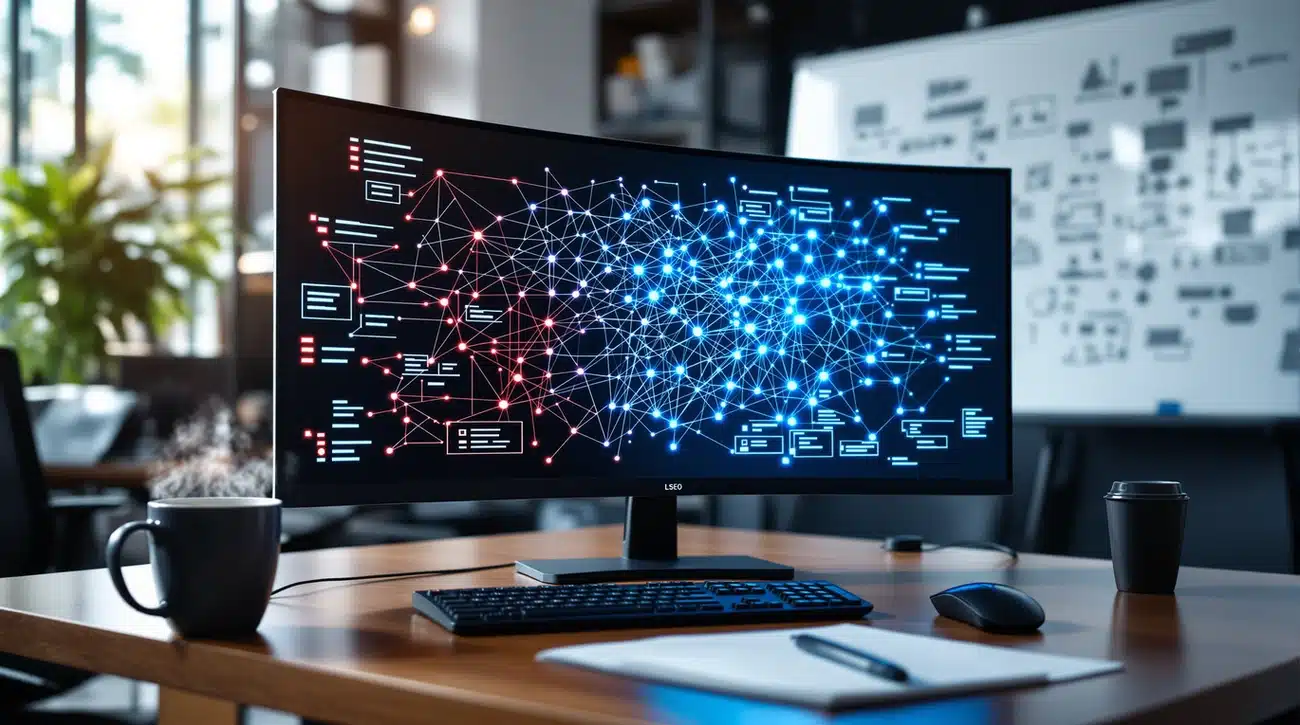 Ein moderner Bürotisch mit einem gebogenen Monitor, auf dem ein komplexes Netzwerkdiagramm in Blau und Rot zu sehen ist - perfekt, um SEO-Tools oder generative Suchmaschinenoptimierung zu erkunden - umgeben von Tastatur, Maus, Kaffeetasse, Notizblock und einem verschwommenen Whiteboard im Hintergrund.